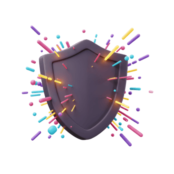 A dark grey shield is surrounded by colorful shapes of different sizes and forms on a white background, ideal for abstract designs. png