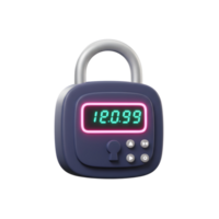 A blue digital padlock displays a glowing number with neon pink lining, ideal for representing time sensitive security or access control. png