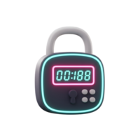 A dark gray digital padlock with glowing neon accents displays a timer for secure access, indicating secure storage. png