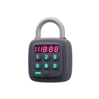 A grey digital lock with an illuminated keypad displays the time 11 18 88, often used for securing access. png