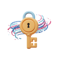 An orange and blue key unlocks a colorful stream of digital data, representing security and privacy for online information. png