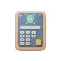 A cute 3D keypad displays a fingerprint scan and numbers, providing a digital security solution for access control. png