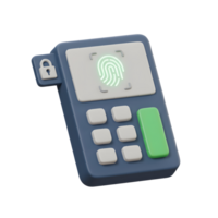 This 3D rendering shows a fingerprint scanner with a visible lock, which can be used for authentication. png