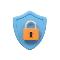 A light blue shield with an orange lock represents security and data protection for online platforms and digital communications. png