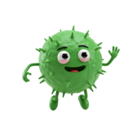 A green, spiky ball character is waving with a happy expression, depicted in a cartoonish style for educational or playful contexts. png