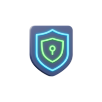 A blue and green neon shield icon on a white background represents digital security to protect data and information online. png