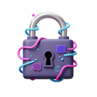 A purple padlock surrounded by message bubbles and pink and blue wires shows secure communication, online data protection and access control. png