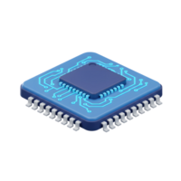 This 3D render shows a blue computer chip with a visible circuit pattern and pins, useful for illustrating technology concepts. png