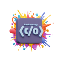 A square graphic displaying hacker code is surrounded by vibrant paint splashes, suggesting a dynamic and creative coding environment. png