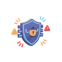 A stylized security shield with padlock and warning signs represents digital safety and protection in a modern design. It can be used for illustrating cybersecurity and data protection. png