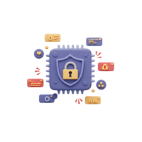 A stylized illustration featuring a CPU with a shield and padlock emphasizes cyber security for protecting digital information. png