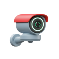 A 3D rendered security camera with a red top and glowing light is mounted to a wall, providing visual surveillance. png