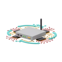 A router is surrounded by circuit boards and a turquoise arrow in a digital art style indicating connectivity for internet access. png