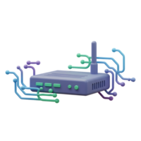 This is an illustration of a wireless router with antenna and colorful wires, representing network connectivity for home or office. png