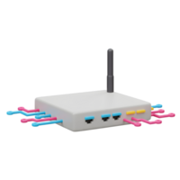 A white wireless router with a grey antenna and pink and blue cables is displayed, used for internet connection. png