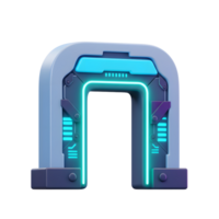 A 3D rendering depicts a sleek, futuristic portal with vibrant neon blue lights and technological design elements, showcasing a modern entrance or gateway for various digital purposes. png