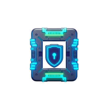 A blue shield with a keyhole is encased in a futuristic gray frame with blue lights, representing digital security for various online applications. png
