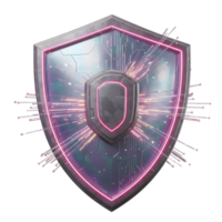 A shield with circuits and neon light emitting rays evokes a sense of security and technology, which is suitable for use in digital security and technological contexts. png