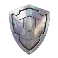 A shiny, silver shield is shown in this 3D rendering, and it can be used for protection or security concepts. png