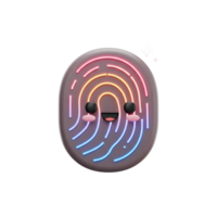 A fingerprint cartoon character smiles with a happy face, its ridges glowing in vibrant colors, ideal for illustrating security or technology concepts. png