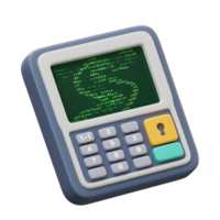 A digital padlock device with numeric keypad displays green code on its screen, offering security in modern technology usage. png