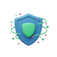 A blue shield with a green shield inside and surrounded by green and pink spheres with green loops indicates security, protection, and reliability for various applications. png