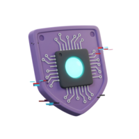 A computer chip is placed on a shield with digital glitches, symbolizing security and protection against cyber attacks or data breaches for online safety. png