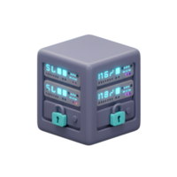 A gray server with glowing blue displays and teal padlocks represents secure data and is often used to visualize computer networks. png