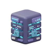 Stylized server is secured with a blue padlock to prevent cyberattacks for data protection. png