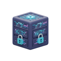 A stylized data server is secured with a padlock, representing data protection and security for business purposes. png