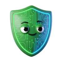 A green shield cartoon with a circuit board pattern features a face with eyes and a smile, suggesting security, protection, or digital safety usage. png
