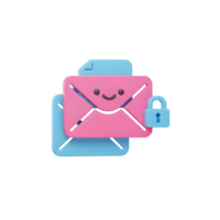 A smiling pink envelope is stacked upon a blue envelope and secured with a lock, symbolizing protection of email privacy for secure communication. png