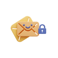 A yellow envelope with a smiling face and a blue padlock represent a secure and safe digital communication channel that ensures that the privacy of emails is guaranteed. png