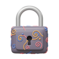 Close up of a decorative padlock with silver shackle, gray body, colorful swirls, and a keyhole that can be used to represent security. png