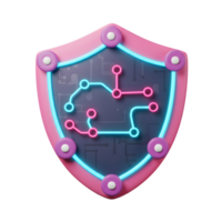 This pink and grey shield features a circuit design, suggesting digital security and protection for online data, networks, or applications. png