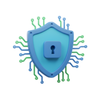 A blue shield with a keyhole is surrounded by green and blue circuits, representing protection in a digital environment for cybersecurity. png
