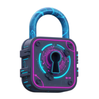 A futuristic padlock with neon blue and pink outlines features a keyhole surrounded by a circuit board design, commonly used for digital security or data protection. png
