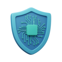 Blue shield with a microchip integrated symbolizes protection and security of technology, representing its utilization in cybersecurity. png