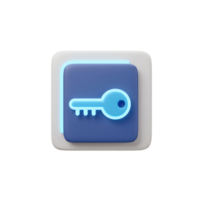 A blue key icon is centered on a blue square with rounded corners, set on a white square, and it represents security and access. png