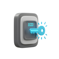 A stylized blue key is shown entering an interface panel with a bright digital display, signaling access or activation. png
