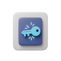 A light blue key icon surrounded by light rays is displayed on a blue and white square background for security access. png