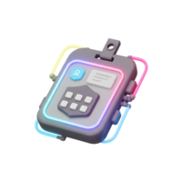 A grey cyberpunk device features a keypad, buttons, and glowing neon trim, suggesting a futuristic form of access or control. png