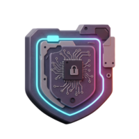 A 3D rendered digital security shield features a lock icon on a circuit board, signifying data protection and secure access. png