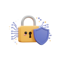 A yellow cartoon padlock with a shield represents digital security protection, suitable for online safety illustrations. png