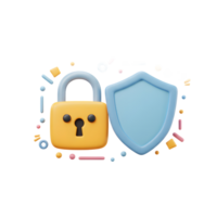 A yellow lock and blue shield protect against threats and represent online security for various data and information. png