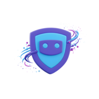 A blue and purple shield with a robot face is surrounded by colorful swirls and dots, representing digital protection for online use. png
