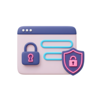 This 3D render depicts online security features, including a browser window, shield, and locks, representing protection for accessing websites. png