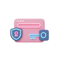 A 3D rendering of a pink web window with a blue shield and key ensures secure website access, ideal for online safety presentations or cybersecurity awareness campaigns. png