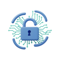 A light blue unlocked padlock is encircled by a green circuit board pattern, representing digital security for online protection. png