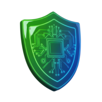 This glossy shield features an integrated circuit board design, representing cybersecurity and data protection, perfect for illustrating digital security. png